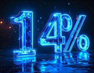 Illuminated, neon-blue percentage displays "14%" against a dark, textured background with scattered sparks and a wet, reflective surface