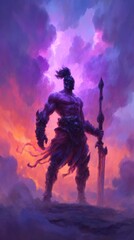 Fototapeta premium Guardian of the Storm: A majestic warrior stands proudly amidst a dramatic, purple-hued sky filled with billowing clouds. The warrior, clad in ancient armor and wielding a formidable sword.