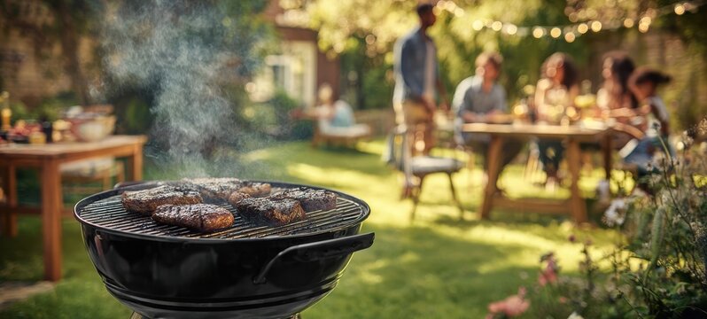 The grill sizzling with steaks and burgers at a sunlit backyard summer gathering