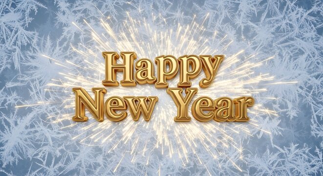 Golden happy new year text with fireworks and snowflake background image
