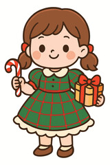 Child in Plaid Christmas Dress Holding Candy Cane