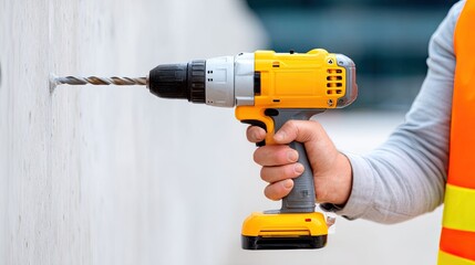 Electric drill in hand of worker wearing safety vest, drilling into a concrete wall during construction or renovation project for home or building improvement