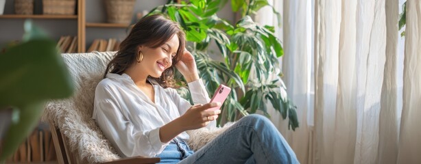 Obraz premium The woman relaxing on a cozy chair using a smartphone by a sunlit window
