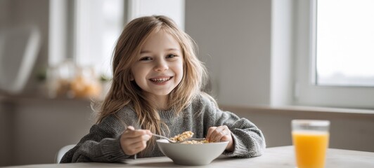 The Girl Enjoying a Healthy Bowl of Cereal and Orange Juice at Breakfast