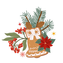 Vector christmas gingerbread bell cookie and winter plants cotoneaster, poinsettia illustration isolated on transparent background. Christmas clipart with fir branch, snowflakes, stars.