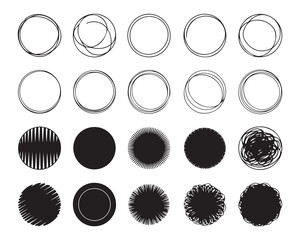 Hand drawn textured circles and scribbled silhouette bundle