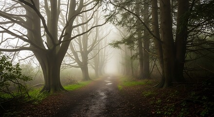 Obraz premium Misty forest path on a foggy morning