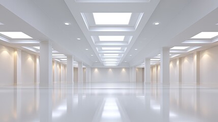 Bright and Spacious Modern Interior with White Columns and Smooth Reflective Floor in a Minimalist Design Suitable for Various Uses