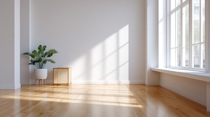 Fototapeta premium Bright and Minimalist Living Space with Natural Light, Potted Plant, and Wooden Floor, Ideal for Modern Home or Interior Design Concepts