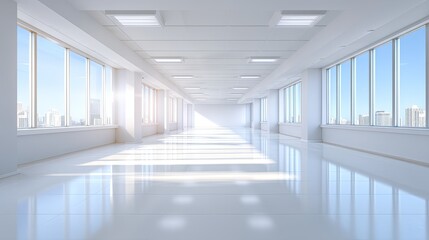 Modern bright interior office space with large windows and city view, showcasing open layout and natural light in a minimalist design with clean lines