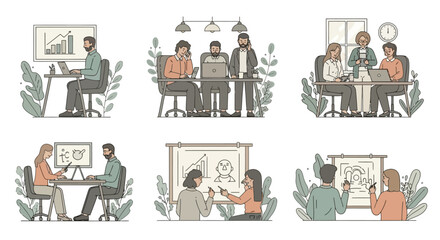 Diverse teamwork scenarios and collaborative work environment depictions