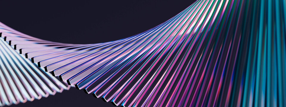 Colorful glowing glass bars forming a smooth flowing wave on dark background. Elegant futuristic abstract composition for tech presentations and premium visual content.