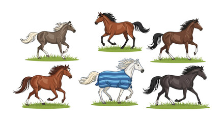 A vibrant collection of diverse horses galloping with dynamic energy and unique coat colors, showcasing various equine breeds in animated motion