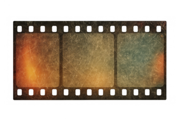 Old film strip with a distressed grunge texture, scratches, and light leak effects. Transparent background for easy use
