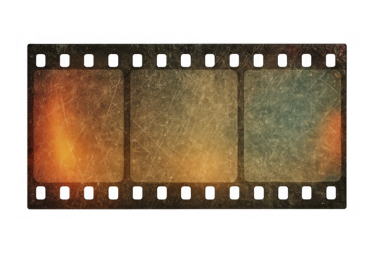 Old film strip with a distressed grunge texture, scratches, and light leak effects. Transparent background for easy use