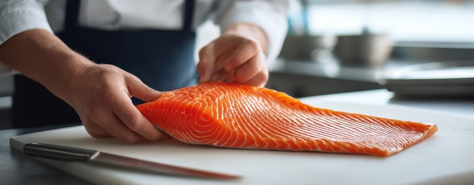 The Salmon Fillet on a Cutting Board with Chef's Hands Preparing Fresh Seafood