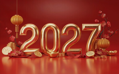 A 3D rendered design featuring the metallic gold numbers "2027" prominently displayed against a rich crimson red background. The numbers have a lustrous cash-colored finish with subtle reflective high