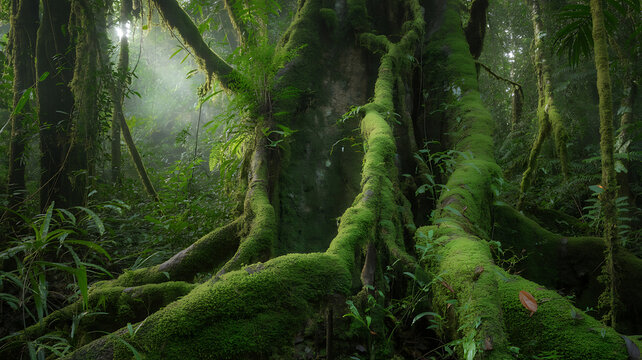 Misty sunlight illuminates ancient moss covered forest trees