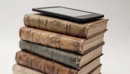 Stack of Old Books with Modern E-reader on Top.