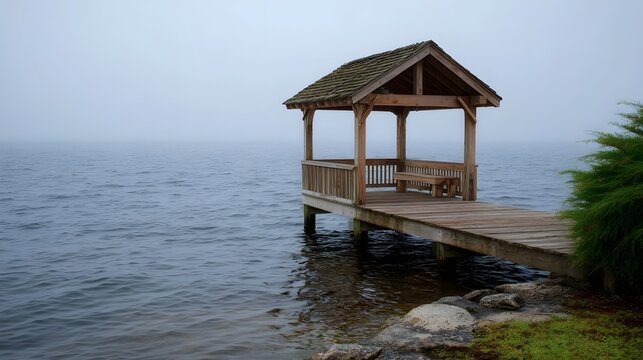 A serene wooden pier with a gazebo over a tranquil misty lake - Powered by Adobe