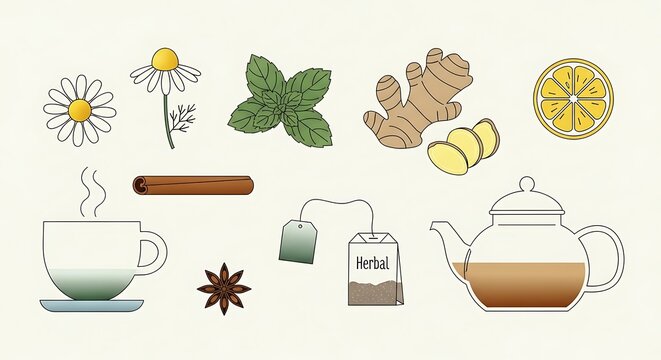 Herbal Tea Ingredients and Preparation Illustration with Chamomile and Ginger. - Powered by Adobe