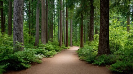 Obraz premium Lush Green Pathway Through Tall Trees in a Serene Forest Scene Surrounded by Nature's Beauty Perfect for Outdoor and Nature Themed Projects