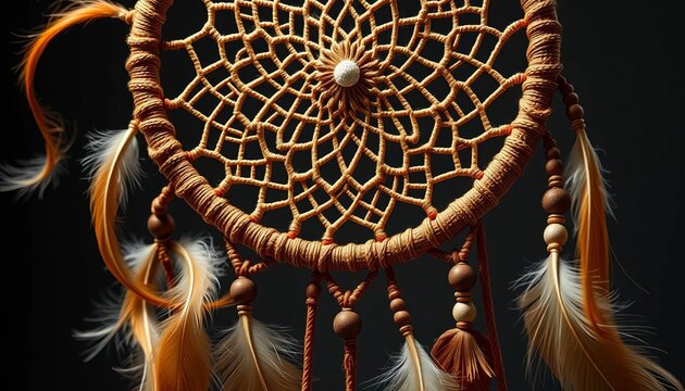Intricate woven dreamcatcher with feathers and beads, boho chic style, decorative, mystical