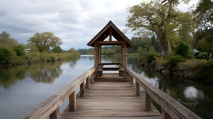 Wooden pier leading to a covered shelter on a calm river with reflections under an overcast sky