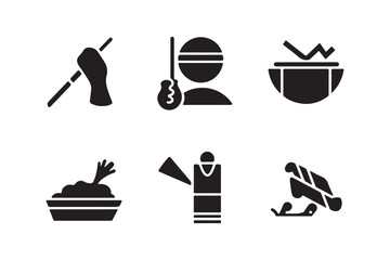Collection of six black and white icons representing various activities