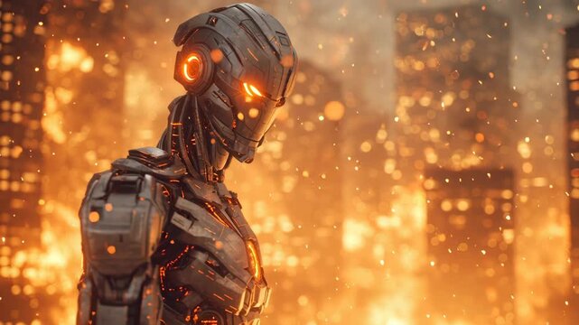 Ultron standing in a burning city, with orange light and smoke filling the air.
