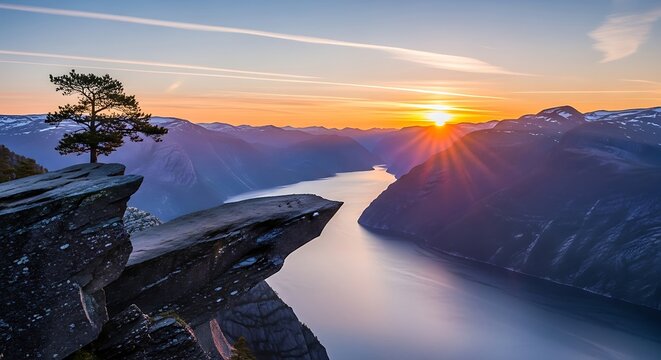 Sunrise over trolltunga cliff and fjord