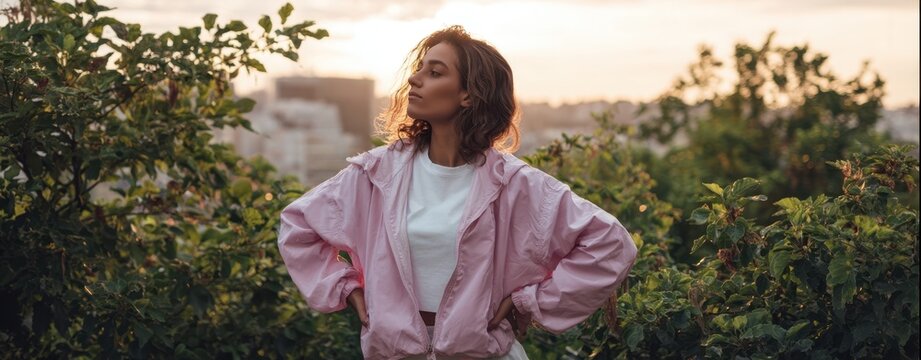 The woman in pink jacket standing confidently on rooftop at sunset among green foliage