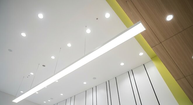 A long, modern, linear LED light fixture hangs from a white ceiling in a well-lit room with wood paneling and yellow accents.