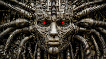 Intricate mechanical face with glowing red eyes robot cyborg