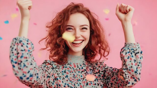 Video A woman rejoices with confetti-filled air, symbolizing achievement and triumph