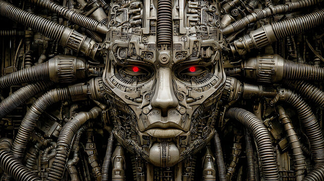 Intricate mechanical face with glowing red eyes robot cyborg - Powered by Adobe