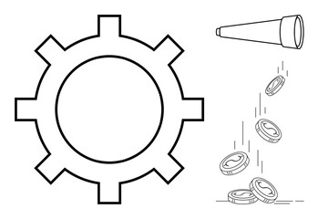 Gear symbolizing processes, telescope for foresight, coins indicating economic gain and investment. Ideal for innovation, strategy, financial planning, teamwork, efficiency, progress simple flat