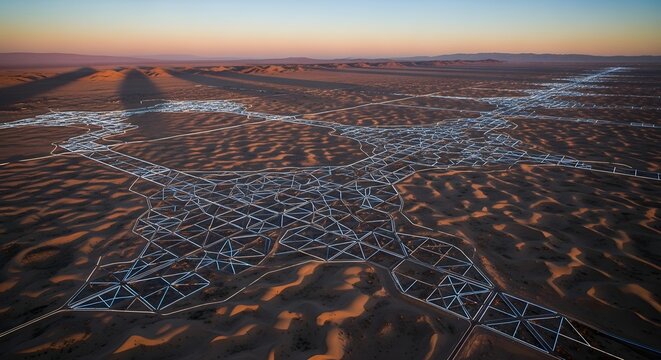 Aerial view of large scale geometric grid infrastructure network built across vast arid desert landscape at sunset