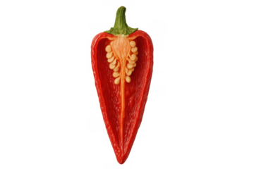 Red chili pepper half with exposed seeds, showing vivid internal texture on transparent background