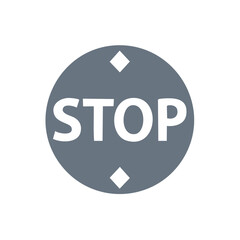 Stop sign with white letters and diamonds on a grey circle