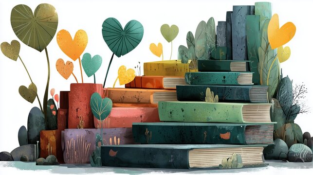 Colorful stack of books with hearts and leaves