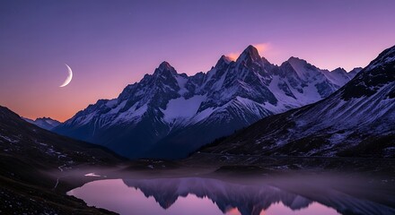 Crescent moon over snowy mountain range at dusk