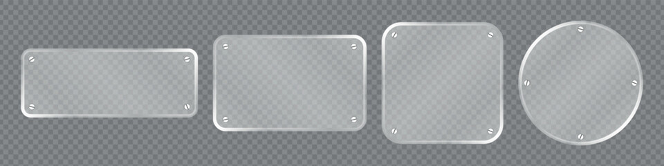 Realistic glass plate set with rivets. White acrylic frame with rectangle, square and circle banner with glow stroke vector illustration. © TaqwaaArtworks