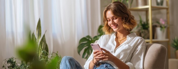 The woman using a smartphone in a bright cozy living room with plants