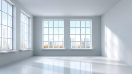 Fototapeta premium Bright and Minimalist Empty Room with Large Windows Showcasing City View and Soft Natural Light in Modern Interior Design Style