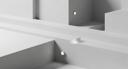 Abstract minimalist architectural scene with geometric white and grey structures and embedded circular lights creating a modern aesthetic.
