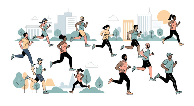 Diverse group of runners jogging in city park, a healthy lifestyle illustration