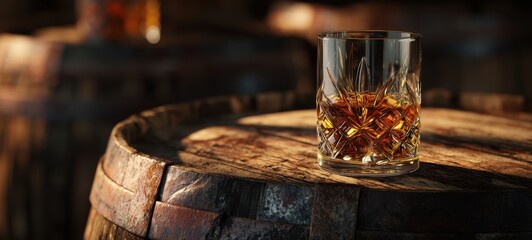 The glass of whiskey resting on a rustic wooden barrel in warm light
