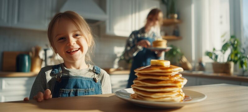 The Pancake Stack and Smiling Child in a Sunlit Family Kitchen