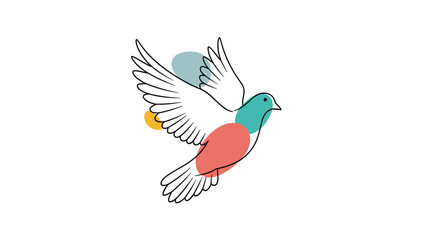 Obraz premium Minimalist line drawing of a white dove in flight with abstract colorful splashes.